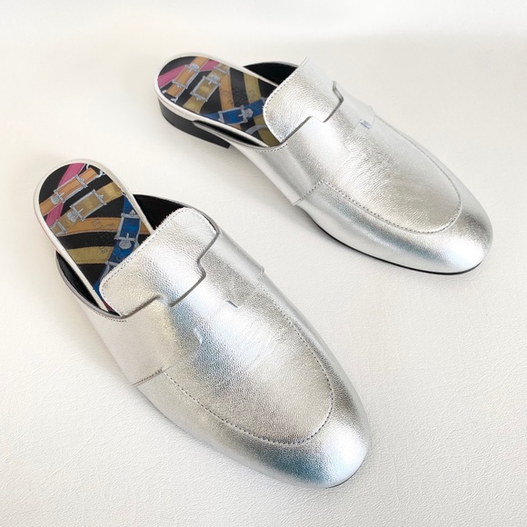HERMES H CATENA SILVER LEATHER MULES FLIP FLOPS SHOES FLAT SLIDES 35 - Picture 5 of 15